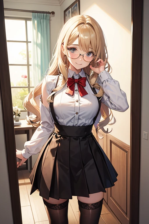 Young man, broad shoulders, crossdressing, wig long blone curly, fake breasts, shirt, skirt, knee socks, smiling, shy, modest, looking in the mirror wearing glasses