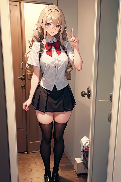 Young man, broad shoulders, crossdressing, wig long blone curly,  fake breasts, shirt, skirt, knee socks, smiling, shy, modest, looking in the mirror wearing glasses 