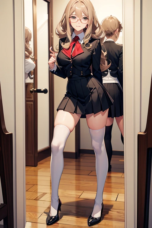 Young man, broad shoulders, crossdressing, wig long blone curly,  fake breasts, shirt, skirt, knee socks, smiling, shy, modest, looking in the mirror wearing glasses 