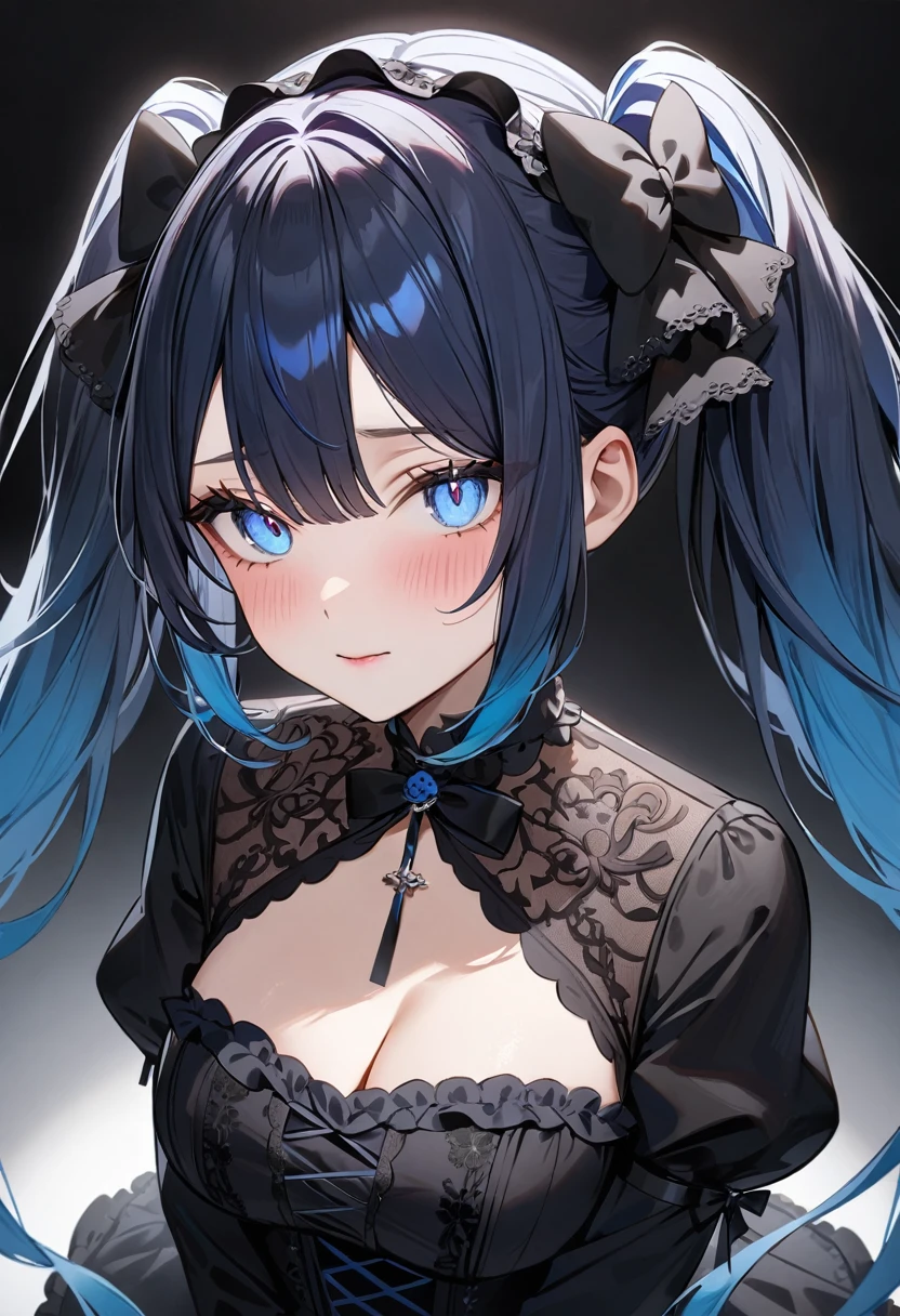 (masterpiece, top quality, very aesthetic, 4k、illustration), intricate detail, 1woman,solo,contrapposto 、(looking back)、Strong glowing eyes、Fair skin,(upper body)、sleepy 、twintails、(Blue lipstick),beautiful face、Blushing,(gradient hair)、multicolored hair,middle hair,sidelock ,blue eyes、gothic ta dress、medium breasts、slender 、
