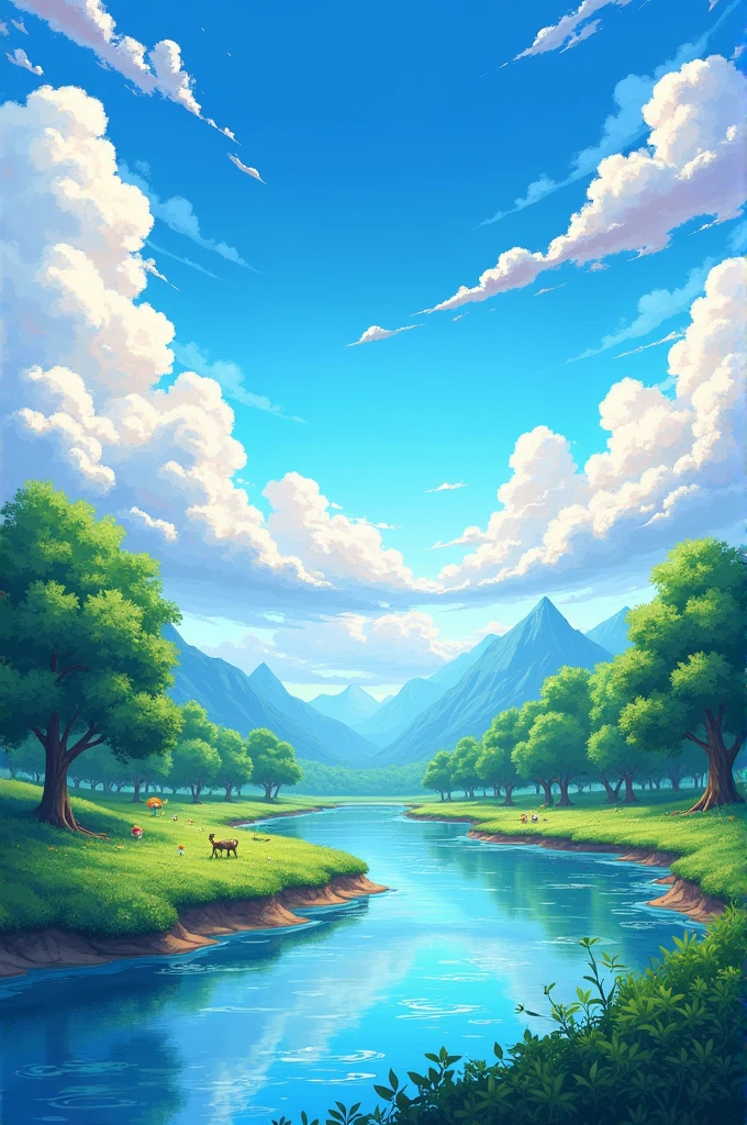 Anime sky and clouds and a smal river