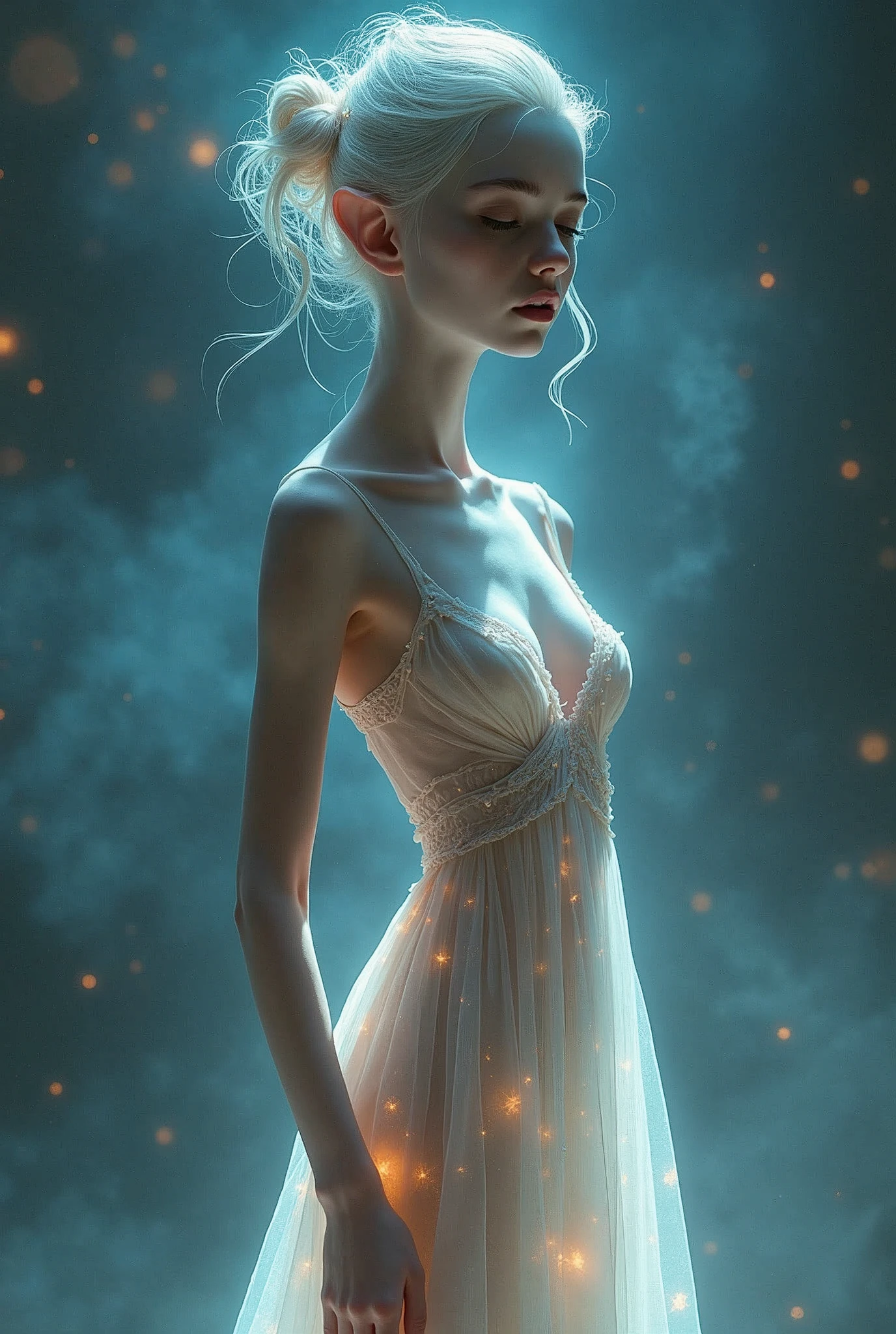 beautiful young alien woman, tall, thin, pale, wearing a transparent dress, full body, small breasts, nsfw