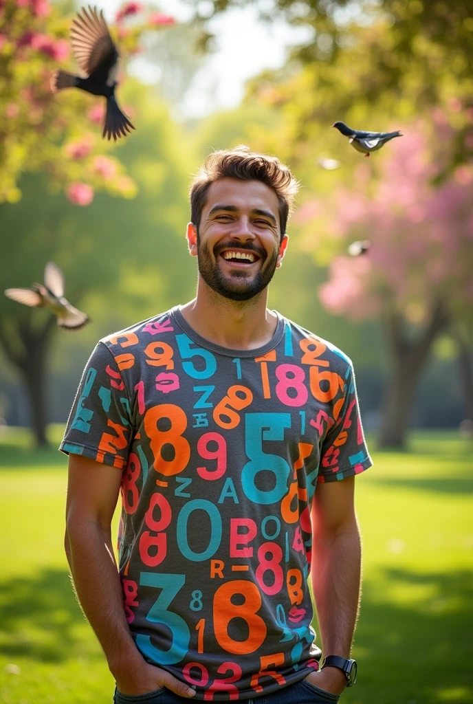 Happy man with lots of numbers on his t-shirt