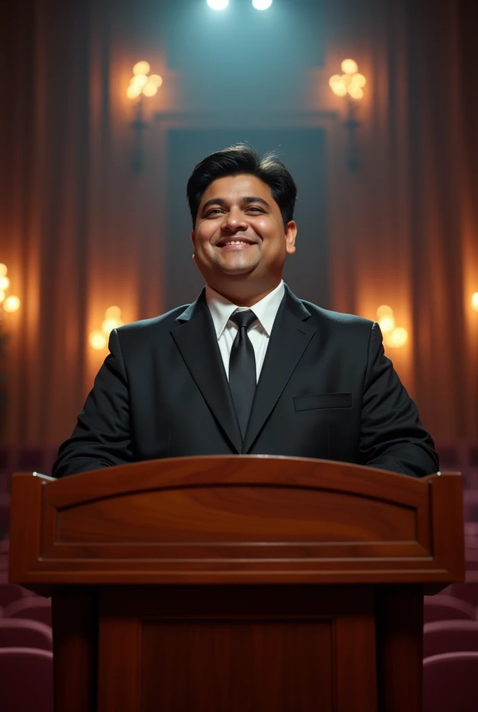 A realistic image of a fat 18 year old Indian boy standing on a lectern wearing black suit.