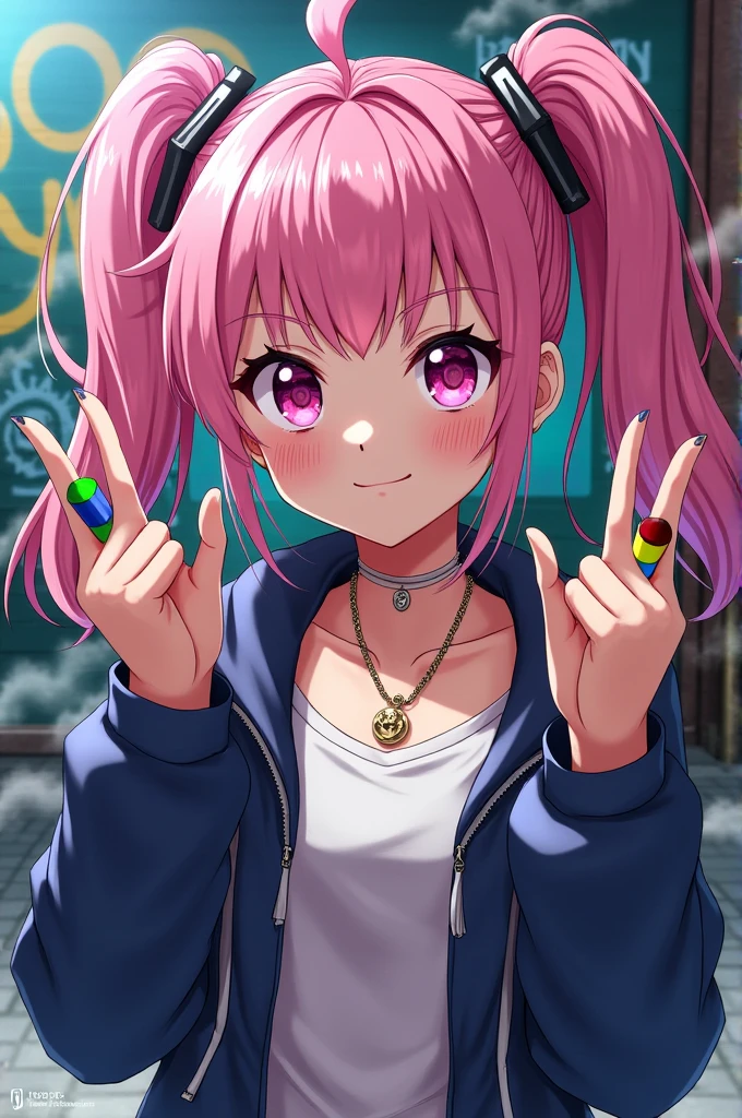 A anime girl with 3 blunts while putting up the middle finger