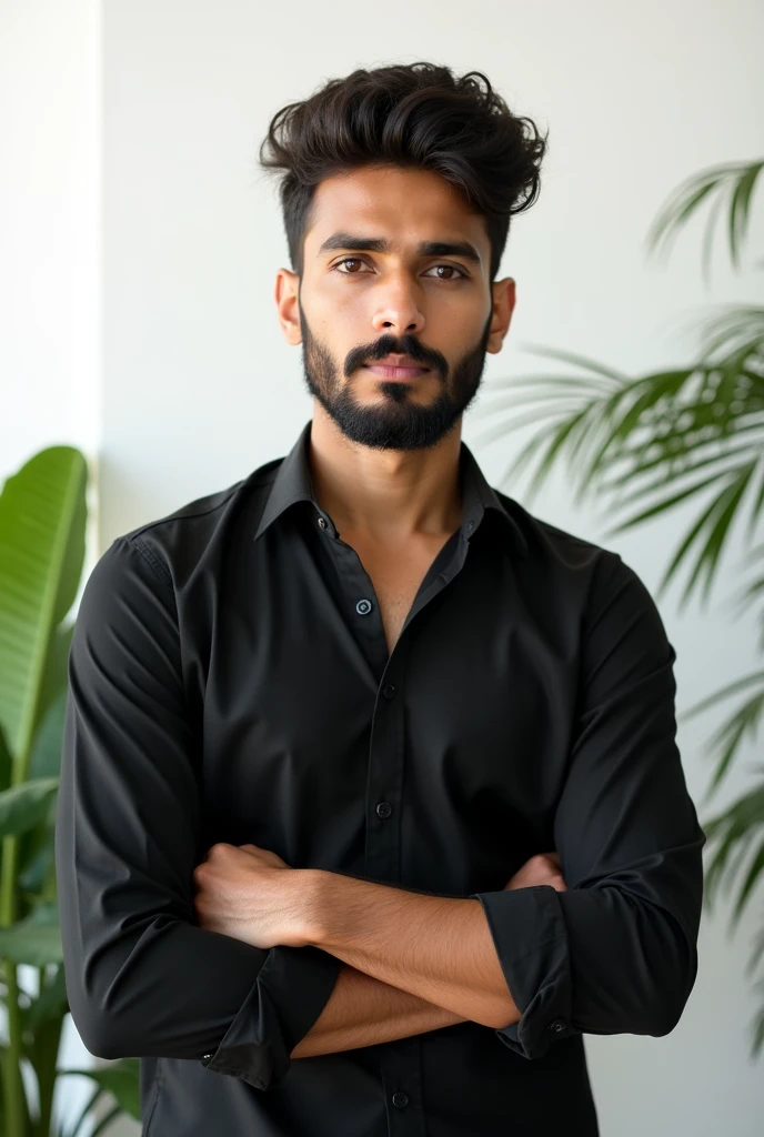 A handsome 20 years old indian boy , photoshoot, white background with green plants , simple pose , rough dry face skin , full body view , black shirt , with beard and moustache , all should be same face