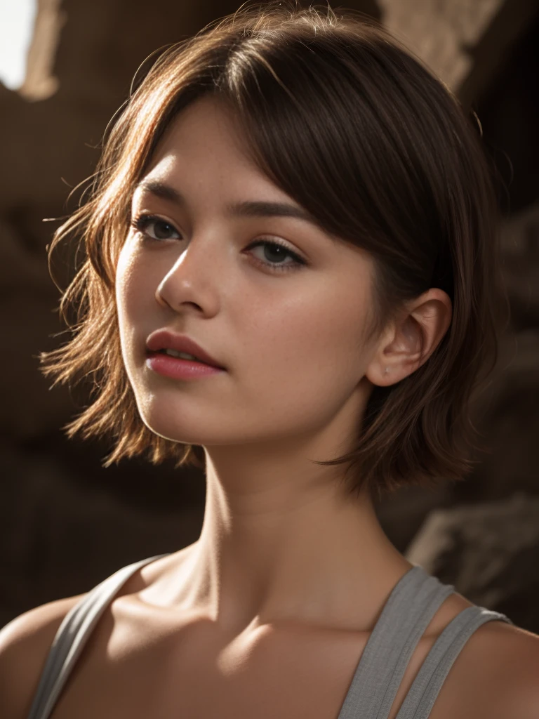 Sara is a beautiful 20 year old archaeologist, close-up, high detail face, ((short hair)), nude|, exploring an ancient tomb, grey detailed eyes, brown hair, shy smile, full body, symmetrical face, detailed, 8k, HDR, shallow depth of field, wide light, high contrast, backlight, light flares, chromatic aberration, sharp focus, RAW color photo, various poses