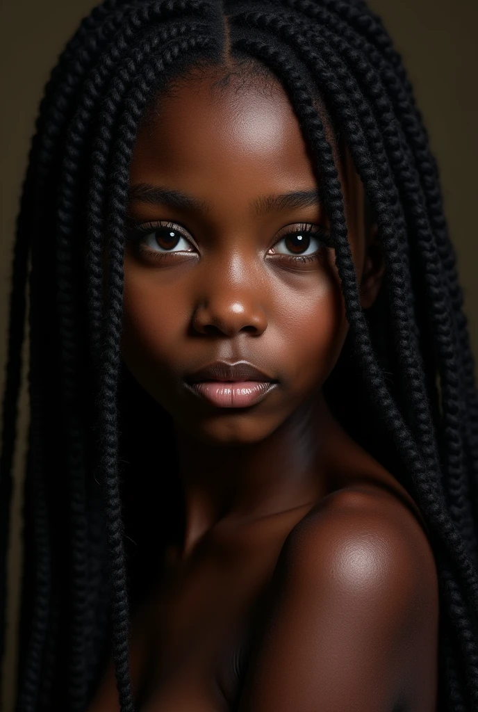 realistic, photorealistic, detailed portrait of a sexy african black girl, big boobs, large aerola, beautiful detailed eyes, beautiful detailed lips, extremely detailed face and skin, long eyelashes, beautiful mesmerizing gaze, dreadlocks hair, elegant pose, dramatic lighting, chiaroscuro lighting, cinematic, dramatic shadows, muted color palette, moody atmosphere, 8k, high quality, masterpiece
