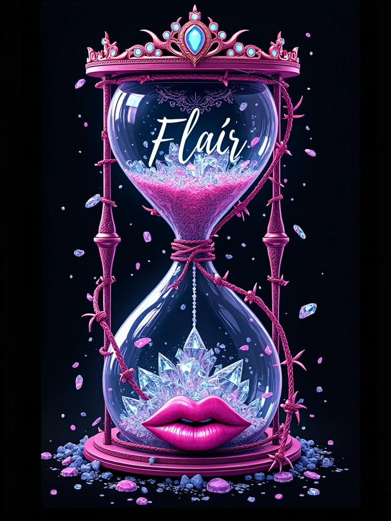 Create a bold and rebellious symbol that captures a luxurious, baddie vibe with feminine touches. The image features a shattered hourglass filled with glowing crystal fragments, reflecting chaotic yet beautiful energy. The hourglass is wrapped in a barbed wire heart with intricate lace patterns subtly woven in, blending toughness with elegance. A hand emerges from the top of the hourglass, holding a sparkling gemstone, symbolizing empowerment and defiance. Coiled around the base of the hourglass is a serpent with subtle, symbolic markings of transformation and resilience. Neon paint splatters are creatively scattered across the design, adding vibrant chaos. Above the hourglass is a tiara adorned with jewels, signifying a queenly presence. Include a bold lipstick kiss mark near the hourglass, and add diamond accents around the crystal fragments. The name ‘Flair’ is written in bold, luxurious cursive script, tying the entire symbol together with a fierce, girly edge. The overall aesthetic should be a blend of dark, edgy, and glamorous elements.