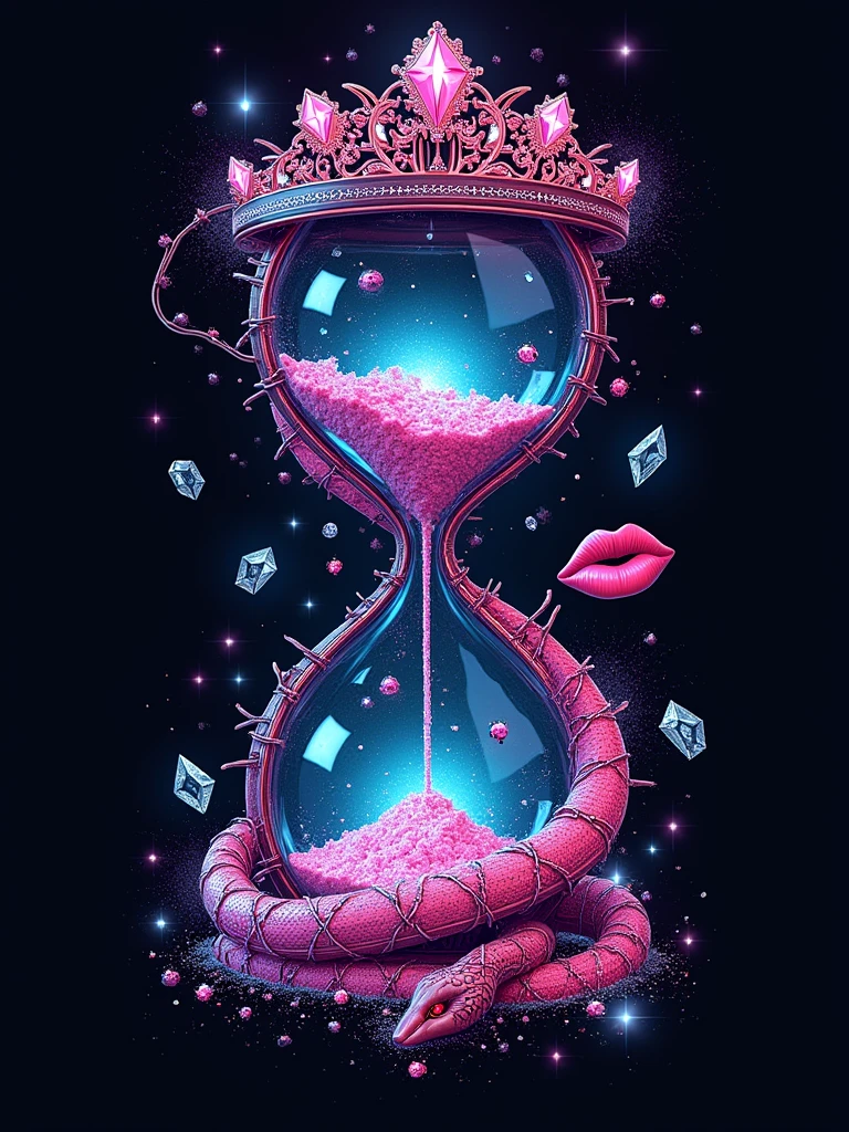 Create a bold and rebellious symbol that captures a luxurious, baddie vibe with feminine touches. The image features a shattered hourglass filled with glowing crystal fragments, reflecting chaotic yet beautiful energy. The hourglass is wrapped in a barbed wire heart with intricate lace patterns subtly woven in, blending toughness with elegance. A hand emerges from the top of the hourglass, holding a sparkling gemstone, symbolizing empowerment and defiance. Coiled around the base of the hourglass is a serpent with subtle, symbolic markings of transformation and resilience. Neon paint splatters are creatively scattered across the design, adding vibrant chaos. Above the hourglass is a tiara adorned with jewels, signifying a queenly presence. Include a bold lipstick kiss mark near the hourglass, and add diamond accents around the crystal fragments. The name ‘Flair’ is written in bold, luxurious cursive script, tying the entire symbol together with a fierce, girly edge. The overall aesthetic should be a blend of dark, edgy, and glamorous elements.