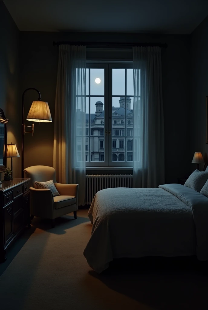 A room at the middle of the night which have a rectangular window with curtain, a double bed where i am laying at the right side of the bed is wall which is having a door of washoom at that wall in the center there is a square clock. This room have two side tables 1 double seater sofa a dressing table and a rectangular table. At the left side of the bed is almera, this room has a camel color carpet.