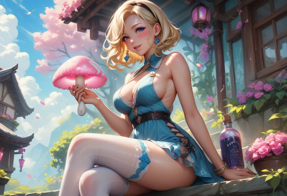 a beautiful 20 year old blonde woman with big messy hair in a short blue dress, white stockings, a thin black hairband, cleavage, holding a glowing mushroom, sitting on a giant glowing mushroom, side shot, side boob, fantasy art style, cartoon vibrant, cute detailed digital art, colorful digital fantasy art, digital fantasy art ), glossy digital painting, pastel vibrant