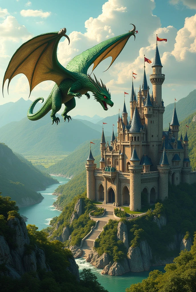 A dragon seen from above, flying over a fantastic castle