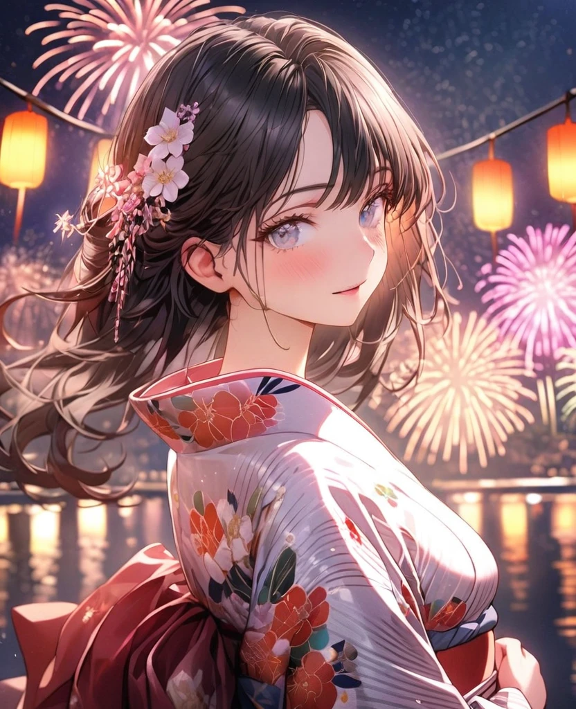 8k,Ephemeral beauty,Very delicate and beautiful,Beautiful and realistic skin,Shining like a jewel,Black Hair、Long and colorful hair,Beautiful Eyes,good,Beautiful night sky、beautiful Fireworks、yukata、