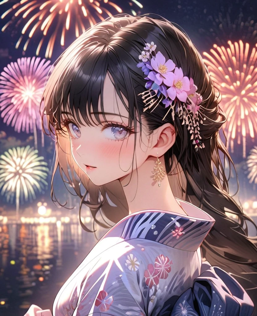 8k,Ephemeral beauty,Very delicate and beautiful,Beautiful and realistic skin,Shining like a jewel,Black Hair、Long and colorful hair,Beautiful Eyes,good,Beautiful night sky、beautiful Fireworks、yukata、