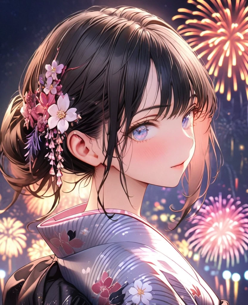 8k,Ephemeral beauty,Very delicate and beautiful,Beautiful and realistic skin,Shining like a jewel,Black Hair、Long and colorful hair,Beautiful Eyes,good,Beautiful night sky、beautiful Fireworks、yukata、