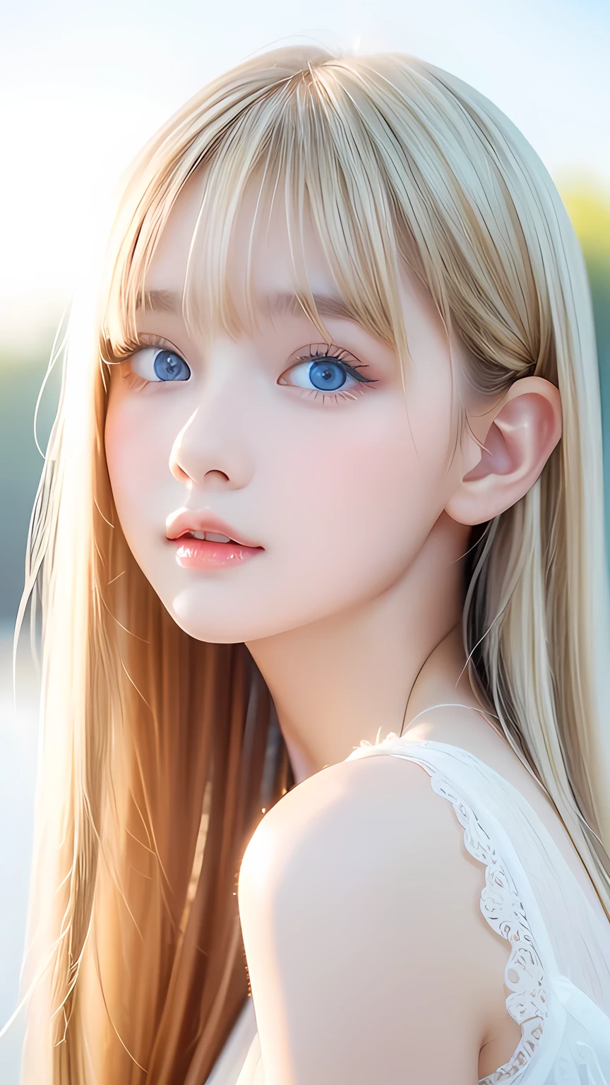 Incredibly bright, white, glossy, beautiful skin、Blonde hair color that changes with reflected light、Bangs between the eyes blocking the view、Glossy highlight on cheeks、sexy, very beautiful, lovely, cute, gorgeous face、The most beautiful face in the world、15-year-old beautiful girl、Super long blonde hair、smooth, straight hair、Big Breasts, Sparkling bright sky blue eyes、Beautiful bangs、Small Face Beauty、Round face、Very beautiful appearance