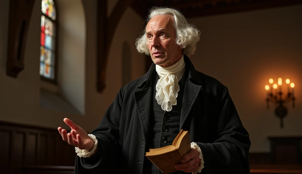 Crie um retrato de Jonathan Edwards, the prominent 18th-century preacher and theologian. He should be wearing American colonial clothing of the time, like a dark frock coat and a lace cravat. The setting should be a worship room or an old church, with a solemn and reverent atmosphere. Edwards should have an intense and contemplative expression, perhaps holding a manuscript or preaching with passion. Lighting should be soft, emphasizing the seriousness and importance of his figure."