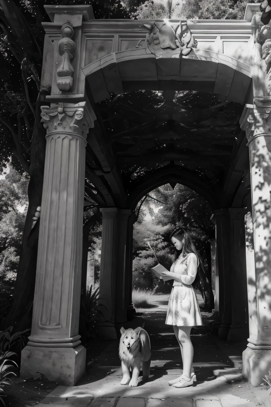 Black and white comic image.
Image Description:
The image depicts a young girl and her dog standing in a magical forest clearing with a grand lion statue, holding an ancient map, as they discover a hidden valley with a grand, vine-covered castle, all bathed in mystical, dappled sunlight.