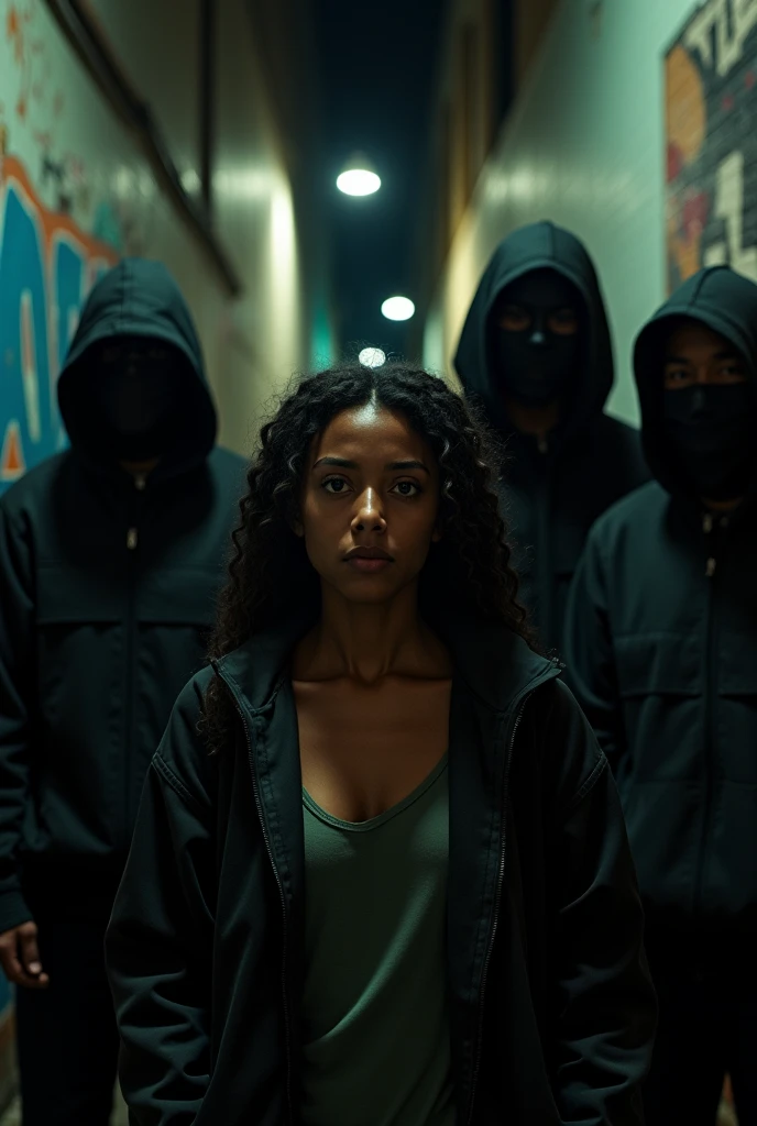 4 men black men all faces covered in their middle is a dark skin lady in her 20s scared and about to scream