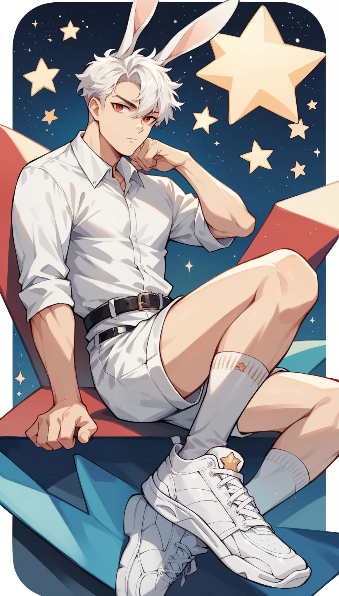 Handsome boy,White hair,Rabbit ears,White shirt,Slim body,Sitting on a meteorite,He has a pair of warm red eyes,Stars background,White shorts,White socks,White sneakers,Black belt