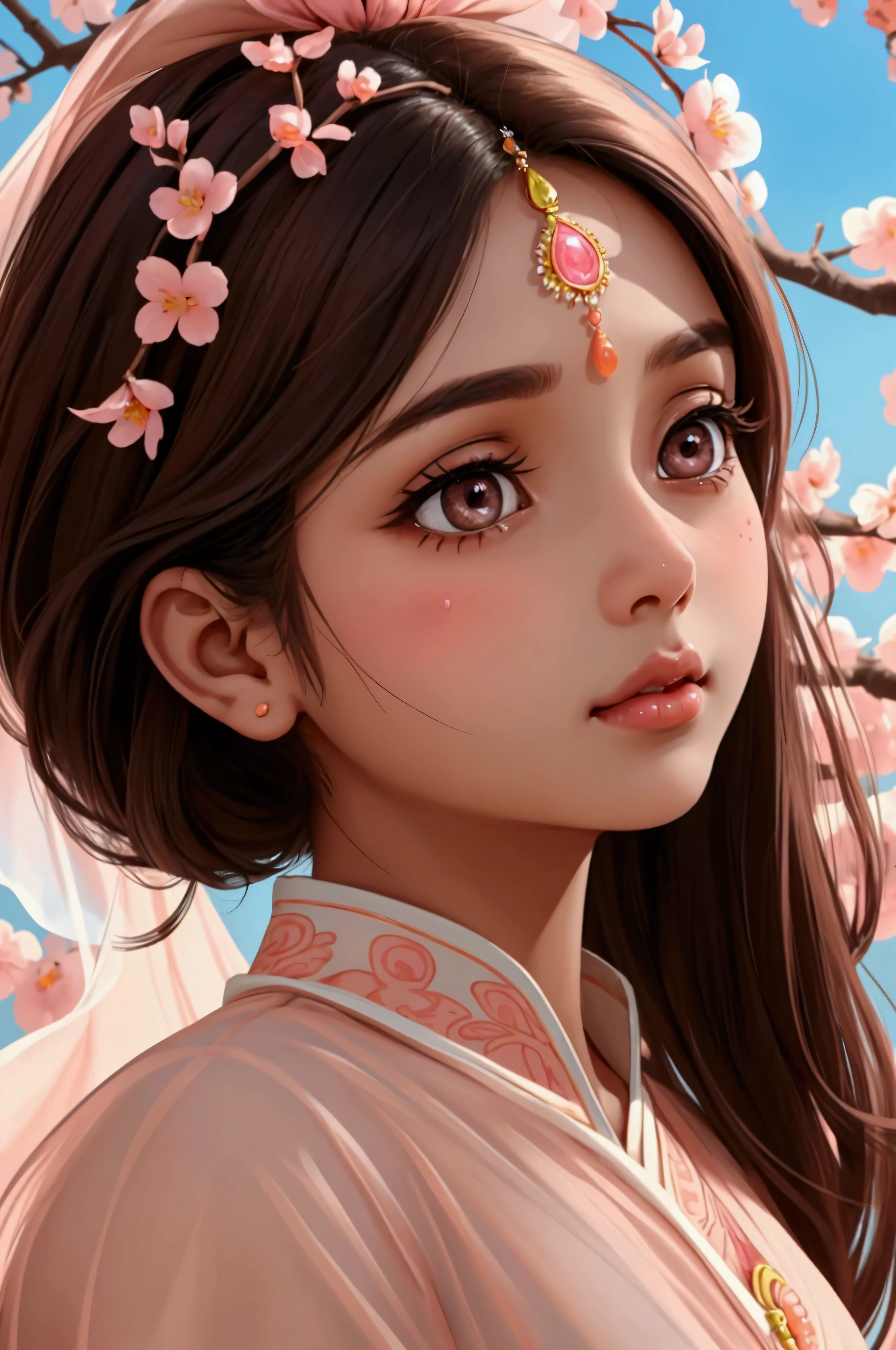 Beautiful and charming Indian woman、Translucent brown skin、Half-body photo、Attractive oval face、double eyelid、Bright peach blossom eyes、Pink Lips、Small Nose、Concentrated face、profile、Looking up at the sky、Face close-up、Ultra-high resolution、Super detailed、Graceful posture、National costume。