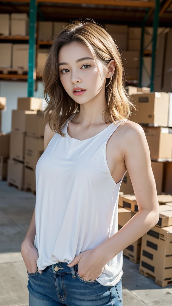 (((best quality, 8 thousand, masterpiece:1.4)), (20 year old woman), masterpiece, distinct, highres, high_quality, wide_shot, small_face, absurdly_short_hair, female, sagging_breasts, balancing, stretching, gentle_face, bare_shoulders, center_opening, downblouse, (blonde wavy very long hair), (Put your hands in your pockets), (C-com saggy breasts), Locked in the warehouse, 
