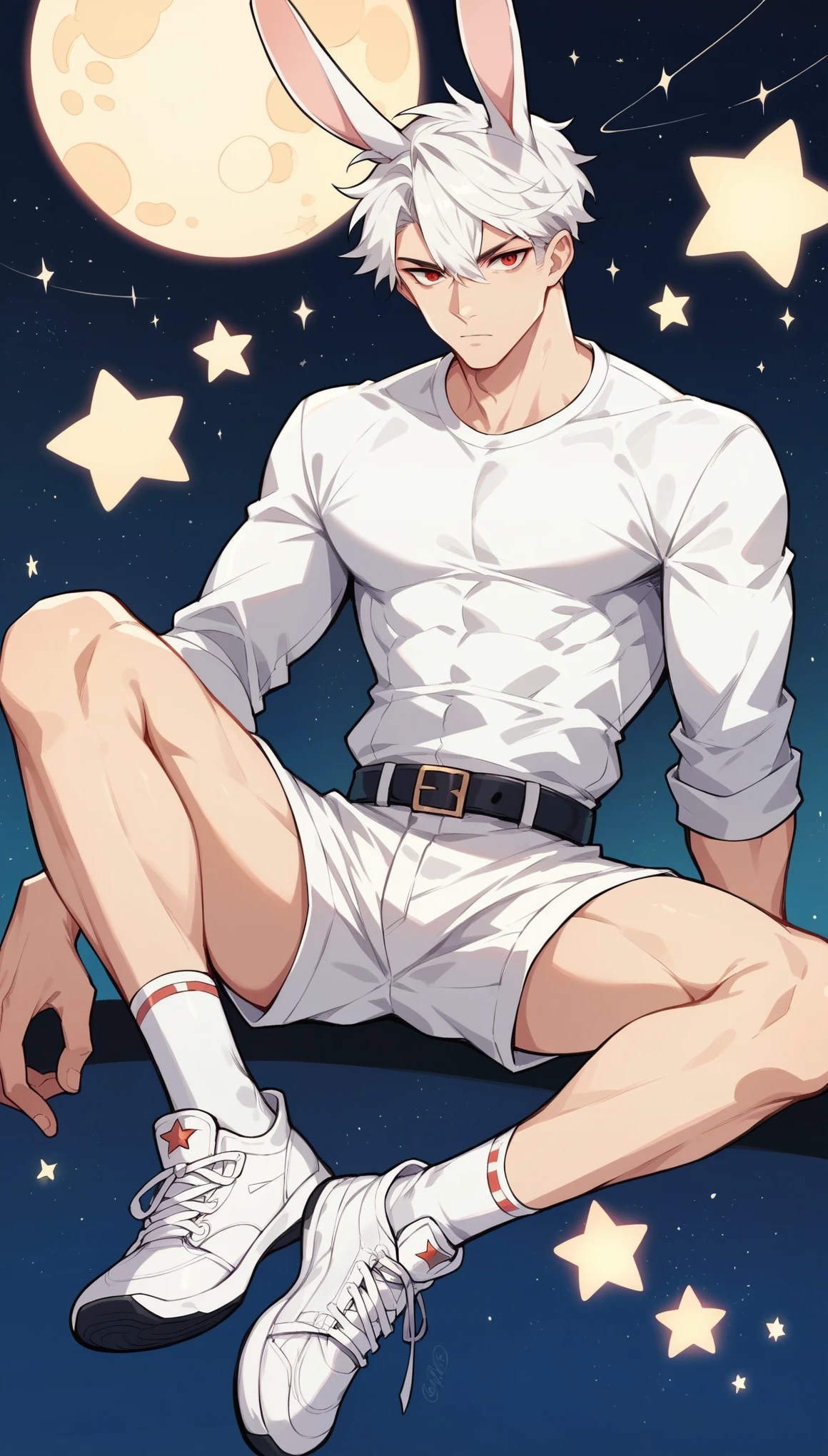 Handsome boy,White hair,Rabbit ears,White shirt,Slim body,Sitting on a meteorite,He has a pair of warm red eyes,Stars background,White shorts,White socks,White sneakers,Black belt