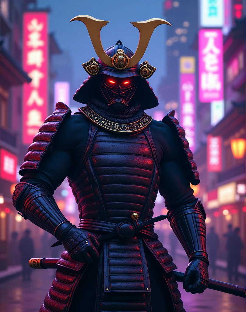 A anime-style ((samuray-japan)), mask-samuray detailed comic-book, body crazy, glowing golden black blue-lavanda neon lights, smile excessive, insane pose, cityscape of tokio Mediaeval in the background, cinematic lighting, best quality, 8k, highres, masterpiece, ultra-detailed, realistic, photorealistic, photo-realistic, intricate Mediaeval details, advanced dark technology, dramatic shadows, moody color palette, aesthetics, dynamic lighting, cinematic composition