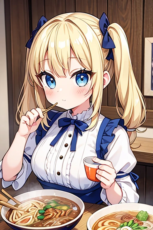 Eat a mountain of ramen,Highest quality,Blonde with blue eyes、ta、Small breasts、Twin tails、girl'mischief,smile,10歳,エベレスト山のようにそびえ立つラーメン,