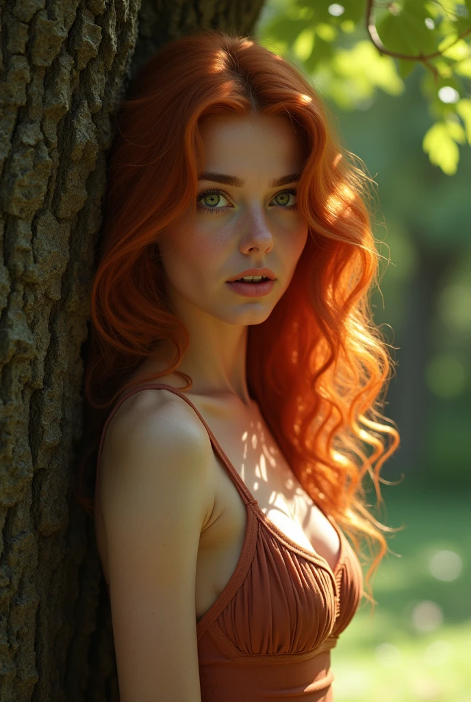 A naked redhead girl is standing leaning against a tree., fourth breast size, surprised face, ultra realistic, full length 