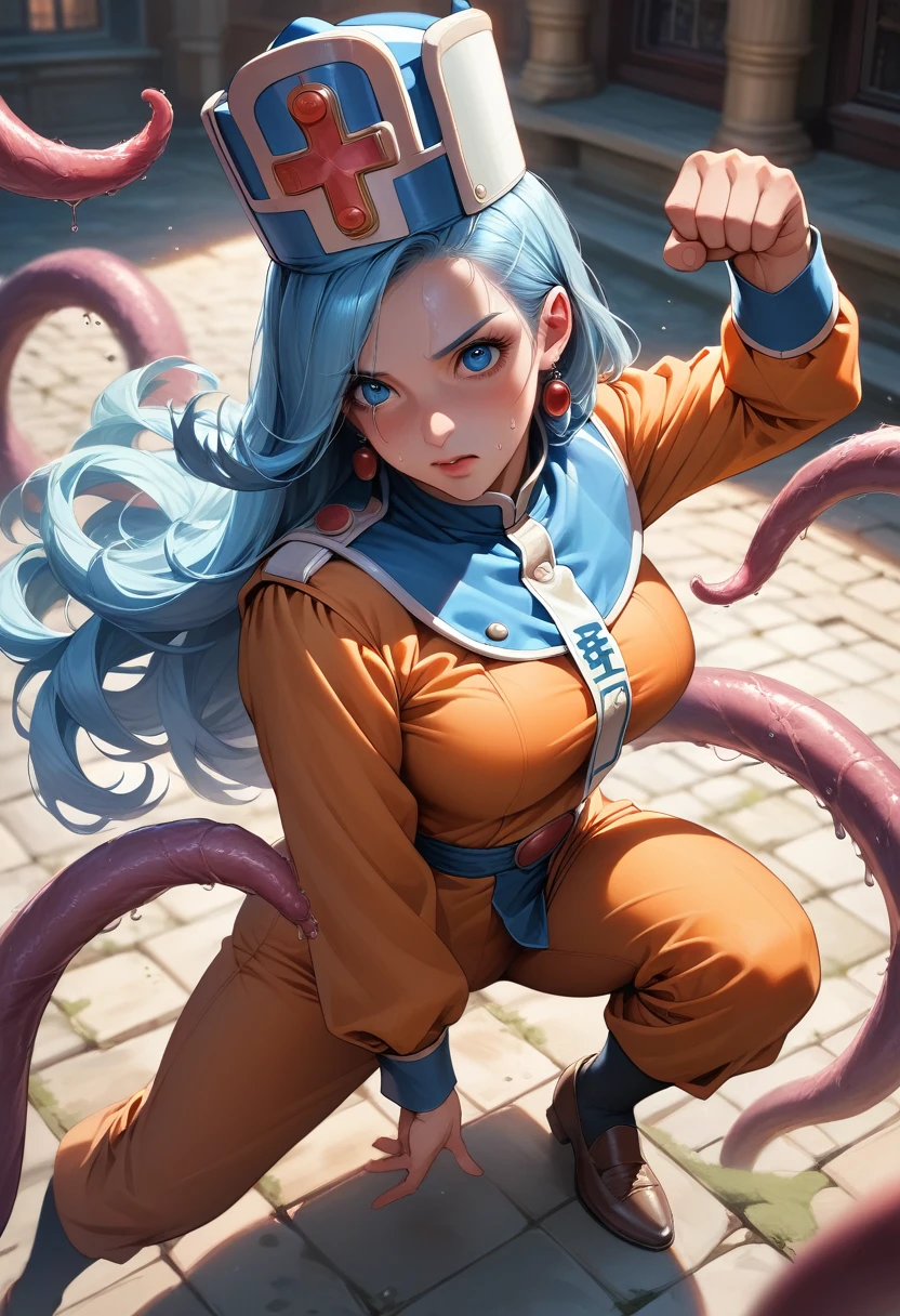 Masterpiece, very detailed drawing, professional illustration, cinematic lighting, light and shadow, detailed face, detailed eyes, one person, female, beautiful, dragon quest, priest, light blue hair, long hair, orange bodysuit, blue priest uniform, priest hat, fighting pose, full body sweating, outdoors, best shot, top Angle, Fighting with transparent tentacles