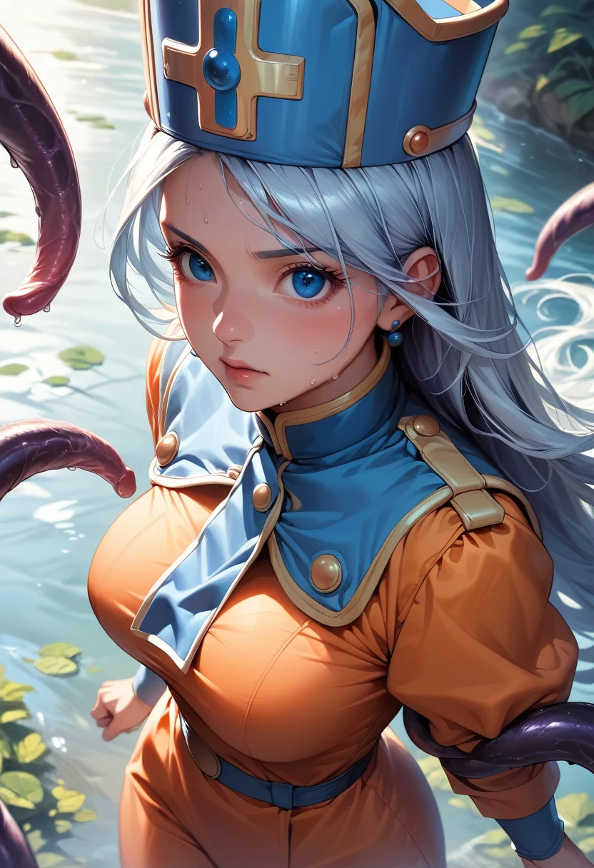 Masterpiece, very detailed drawing, professional illustration, cinematic lighting, light and shadow, detailed face, detailed eyes, one person, female, beautiful, dragon quest, priest, light blue hair, long hair, orange bodysuit, blue priest uniform, priest hat, fighting pose, full body sweating, outdoors, best shot, top Angle, Fighting with transparent tentacles
