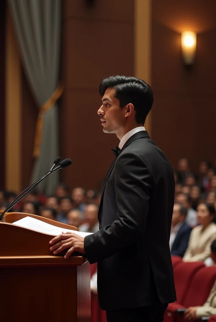 A realistic image of a muscular 18 year old Indian boy standing on a lectern wearing black suit.