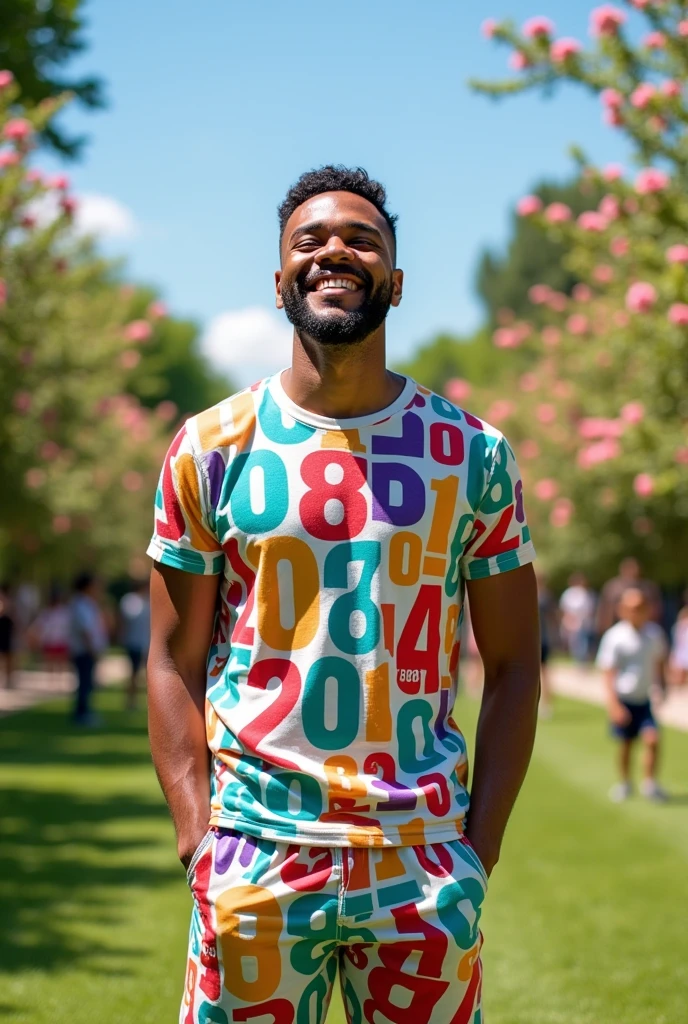Happy man with lots of numbers on his t-shirt and pants