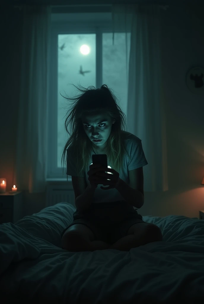 A scary woman in her room terrified looking towards phone,night,scary,fog