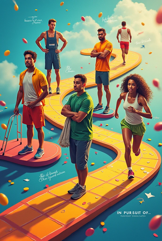 Design a vibrant and dynamic poster titled 'IN PURSUIT OF...' featuring six diverse people: 4 men and 2 women. The characters should include a standard man, a man with a leg injury, a man dressed as a cleaner, a man depicted as a runner, a woman, and a teenage girl. The background should subtly incorporate elements of a Ludo board, with colorful pathways and tokens. Each person should be placed at different points on the board, in unique poses that symbolize their individual journey or pursuit. The overall tone should be motivational, with the Ludo theme representing life's twists and turns."