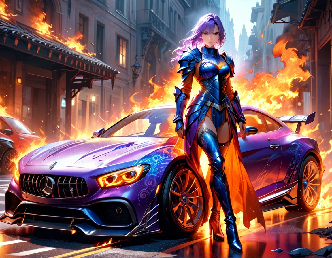 a beautiful female knight ready for battle, stands near her  loyal car, a mature female paladin knight, holy warrior, ((full body: 1.5)), ((anatomically correct: 1.5)), (ultra detailed face: 1.2), looking tense, looking dangerous, dynamic eye color, dynamic hair color, dynamic hair style dynamic skin complexion, holding a radiant sword, holy sword, divine sword, wearing intricate armor, wearing high heeled boots, BREAK standing near her car, divine car, magical car, ready to battle car, car wreathed in flames, holy intricate runes, slick car,  vibrant, Ultra-high resolution, High Contrast, (masterpiece:1.5), highest quality, Best aesthetics), best details, best quality, highres, 16k, (ultra detailed: 1.5), masterpiece, best quality, (extremely detailed) RAW, (ultra details, Masterpiece, best quality), Cinematic Hollywood Film, GlowingRunesAI_purple, faize