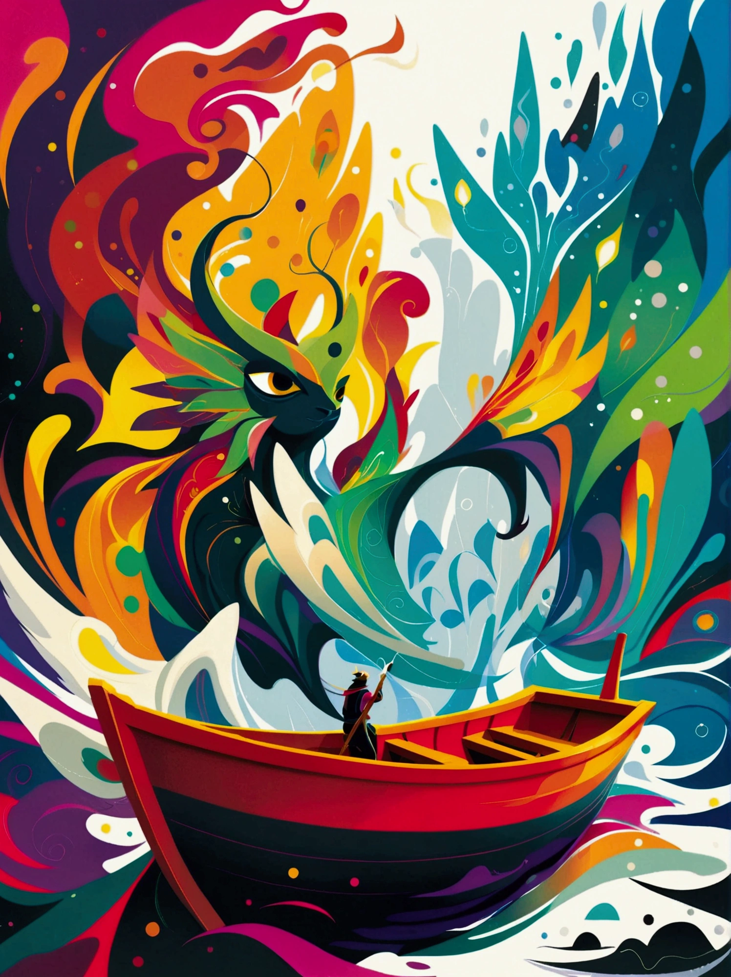 (negative space:1.5), a Boat, colorful cartoon-style illustration from an award winning animated movie, illustrated in bold outlines, showcasing its colors and shapes. The character is depicted adorned colorful energy against a white background, mythical creature, shsw
