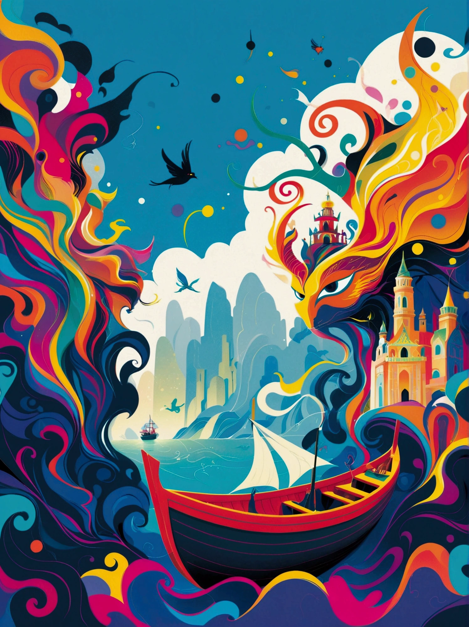 (negative space:1.5), a Boat, colorful cartoon-style illustration from an award winning animated movie, illustrated in bold outlines, showcasing its colors and shapes. The character is depicted adorned colorful energy against a white background, mythical creature, shsw