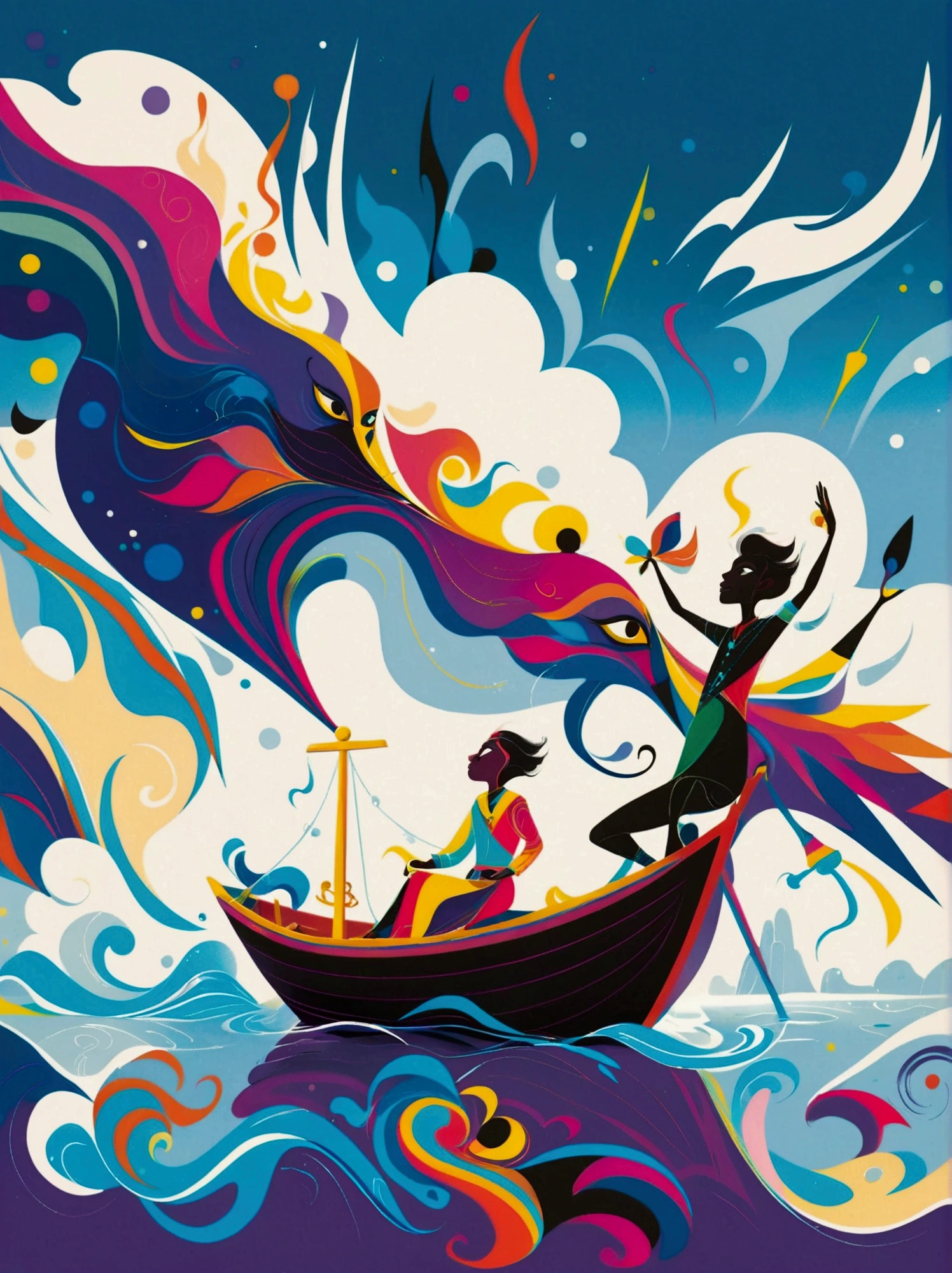 (negative space:1.5), a Boat, colorful cartoon-style illustration from an award winning animated movie, illustrated in bold outlines, showcasing its colors and shapes. The character is depicted adorned colorful energy against a white background, mythical creature, shsw