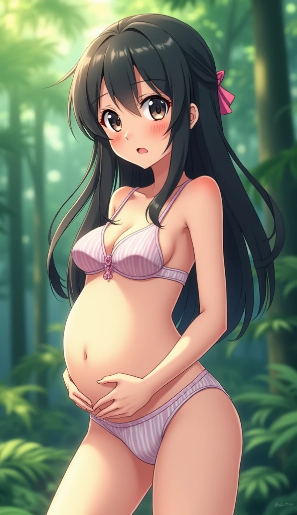((1 Japanese girl、)), ( small)), Black Hair、Brown Hair、masterpiece, 最high quality, high quality, Highly detailed 8K wallpapers,in the forest、Pink Hair、Tropics、Extreme heat、Heavy breathing、Young face、Sweat、Head ornament、cute ones、Bold Pose、(Open your mouth、Small double tooth、Embarrassed face)、Wave、(、classmate、Squid Belly、Wear pink)、(No underwear)、Beautiful flat breasts、(激しいSweat)、(Saliva volume:1.4)、(Elementary school 、Cute belly、Before menarche、abdominal distension、Cute Panties)、(stroking the stomach:2)、(Pleasant face、Beautiful Face)、(serving)、(Trembling in the lower back:2)、Life-size、In front of the camera、Walk with your feet together、Translucent white clothes、striped panties