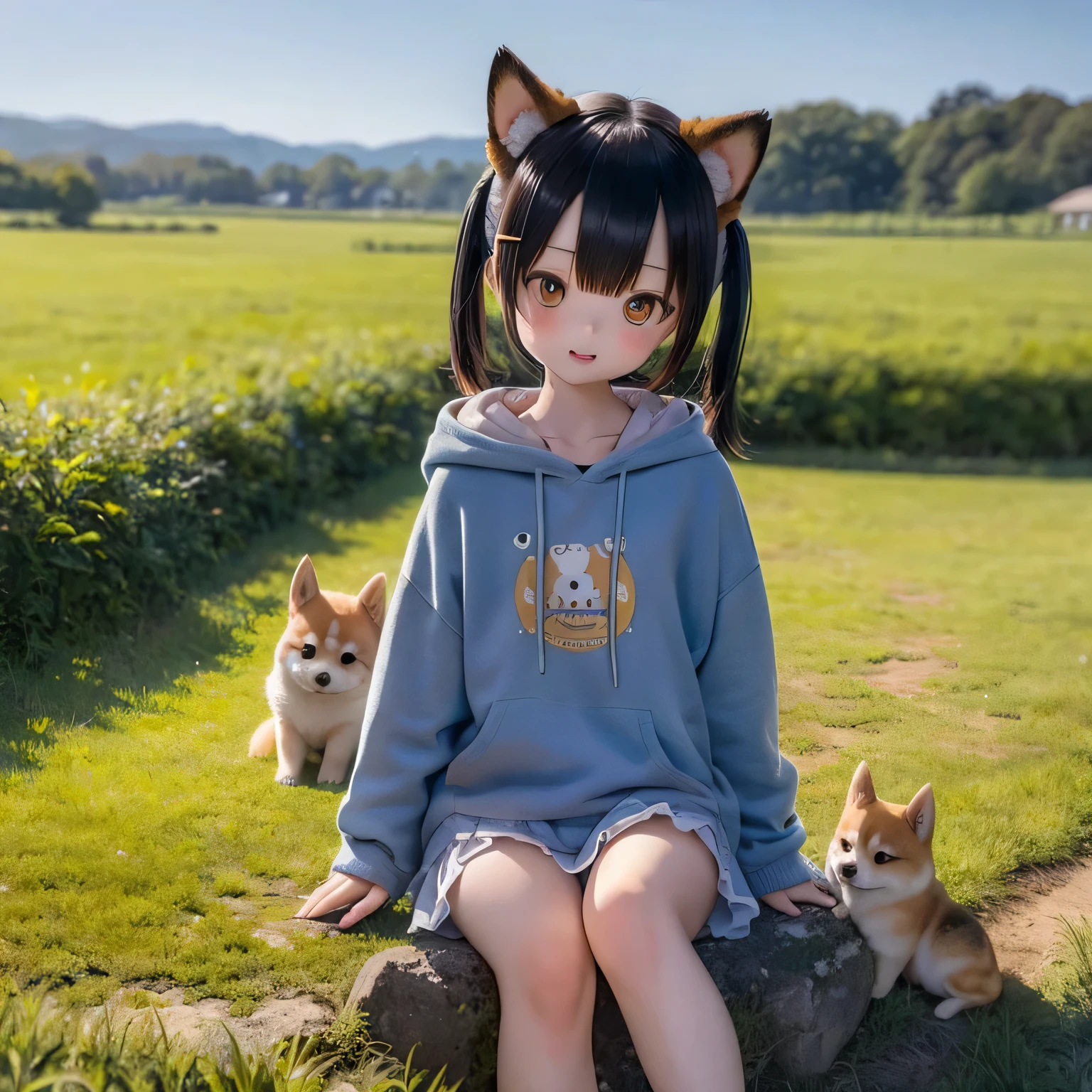 Shiba Inu girls in a rural landscape