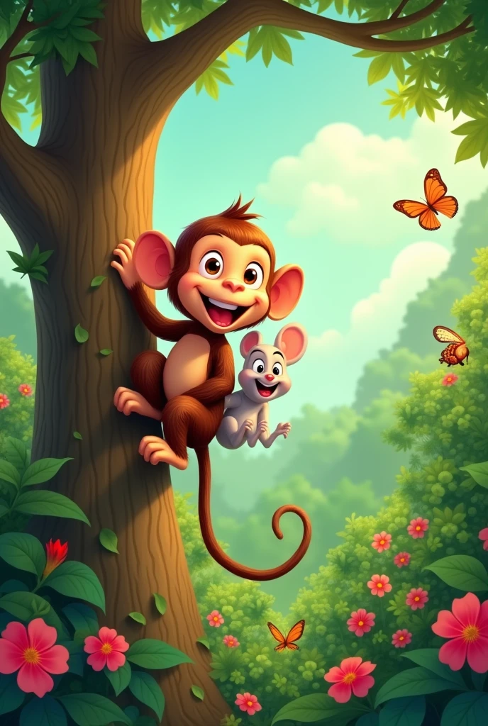 Here’s a prompt you can use to generate an image related to a nursery song:
"A vibrant and cheerful scene of a playful monkey named Monty and his little mouse friend, Chinku, having fun in a lush, green jungle. Monty is happily climbing a tall tree with Chinku sitting on his shoulder, both smiling with joy. The jungle is filled with colorful flowers, butterflies, and friendly animals watching them with admiration. The sky is bright and clear, and there's a sense of excitement and friendship in the air, capturing the lively and playful mood of a nursery rhyme."
If you'd like to create an image from this description, just let me know!