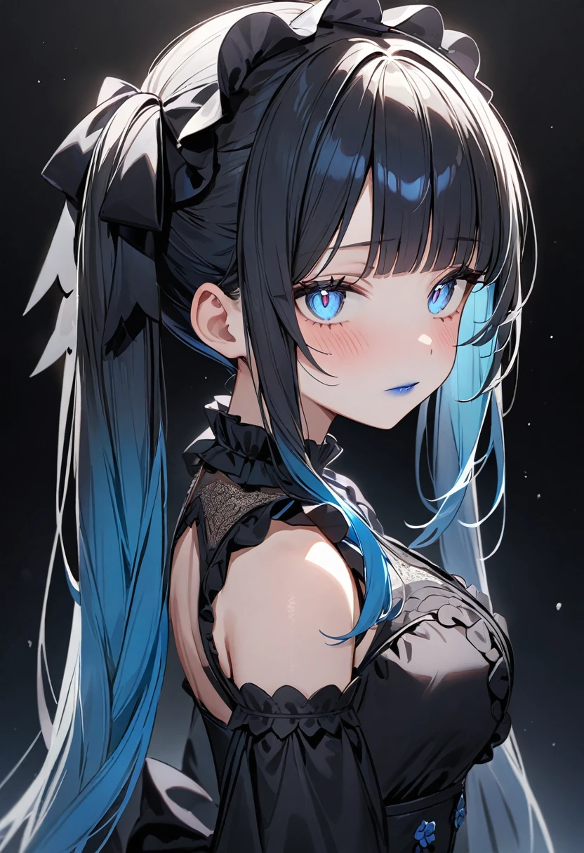 (masterpiece, top quality, very aesthetic, 4k、illustration), intricate detail, 1woman,solo,contrapposto 、(looking back)、Strong glowing eyes、blunt bangs,Fair skin,(upper body)、sleepy 、twintails、(Blue lipstick),beautiful face、Blushing,(gradient hair)、multicolored hair,middle hair,sidelock ,blue eyes、gothic lolita dress、medium breasts、slender 、
