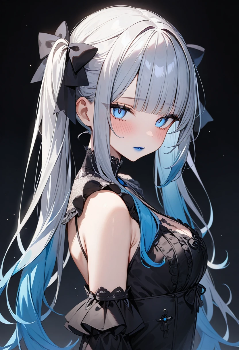(masterpiece, top quality, very aesthetic, 4k、illustration), intricate detail, 1woman,solo,contrapposto 、(looking back)、Strong glowing eyes、blunt bangs,Fair skin,(upper body)、sleepy 、twintails、(Blue lipstick),beautiful face、Blushing,(gradient hair)、multicolored hair,middle hair,sidelock ,blue eyes、gothic ta dress、medium breasts、slender 、