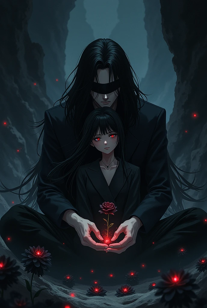 Create a man with the power to manipulate energies, with long black hair and blindfolded eyes in an anime appearance. Have him sitting in an abyss with black flowers and a girl with black hair holding a black rose near him in the abyss.