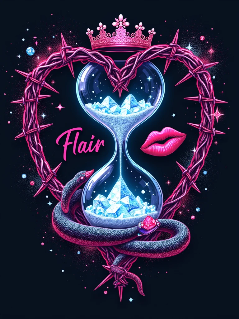 Create a bold and rebellious symbol that captures a luxurious, baddie vibe with feminine touches. The image features a shattered hourglass filled with glowing crystal fragments, reflecting chaotic yet beautiful energy. The hourglass is wrapped in a barbed wire heart with intricate lace patterns subtly woven in, blending toughness with elegance. A hand emerges from the top of the hourglass, holding a sparkling gemstone, symbolizing empowerment and defiance. Coiled around the base of the hourglass is a serpent with subtle, symbolic markings of transformation and resilience. Neon paint splatters are creatively scattered across the design, adding vibrant chaos. Above the hourglass is a tiara adorned with jewels, signifying a queenly presence. Include a bold lipstick kiss mark near the hourglass, and add diamond accents around the crystal fragments. The name ‘Flair’ is written in bold, luxurious cursive script, tying the entire symbol together with a fierce, girly edge. The overall aesthetic should be a blend of dark, edgy, and glamorous elements.