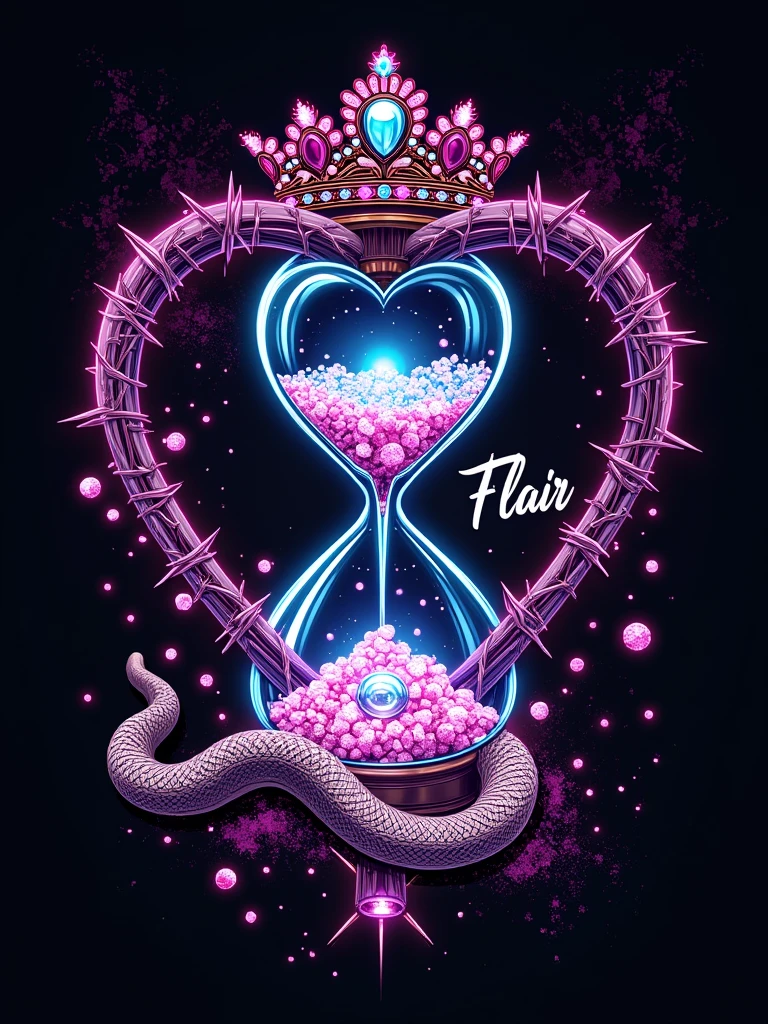 Create a bold and rebellious symbol that captures a luxurious, baddie vibe with feminine touches. The image features a shattered hourglass filled with glowing crystal fragments, reflecting chaotic yet beautiful energy. The hourglass is wrapped in a barbed wire heart with intricate lace patterns subtly woven in, blending toughness with elegance. A hand emerges from the top of the hourglass, holding a sparkling gemstone, symbolizing empowerment and defiance. Coiled around the base of the hourglass is a serpent with subtle, symbolic markings of transformation and resilience. Neon paint splatters are creatively scattered across the design, adding vibrant chaos. Above the hourglass is a tiara adorned with jewels, signifying a queenly presence. Include a bold lipstick kiss mark near the hourglass, and add diamond accents around the crystal fragments. The name ‘Flair’ is written in bold, luxurious cursive script, tying the entire symbol together with a fierce, girly edge. The overall aesthetic should be a blend of dark, edgy, and glamorous elements.