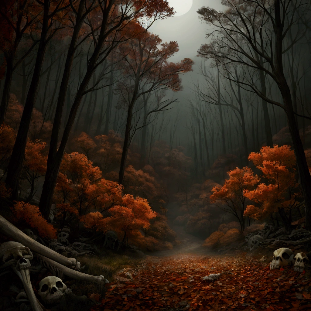 a highly detailed 8k hyperrealistic masterpiece panoramic landscape, autumn forest, bones scattered on fallen leaves, red autumn foliage, gloomy haunting atmosphere, small rocks in dense shadowy woods, horror, cinematic lighting, evening, terrible horror atmosphere, dense vegetation, Night,